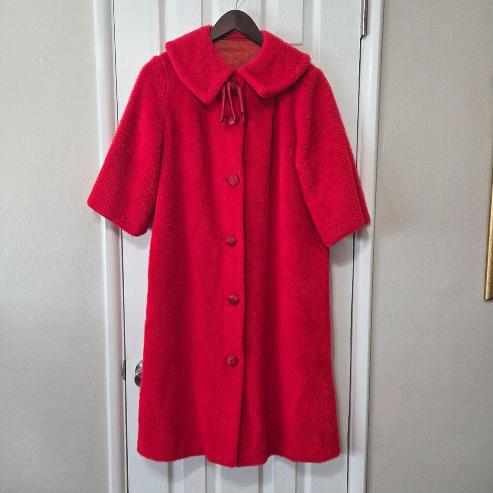 Vintage 1960s Red Teddy Swing Coat 3/4 Sleeve Mod MCM 40.5"